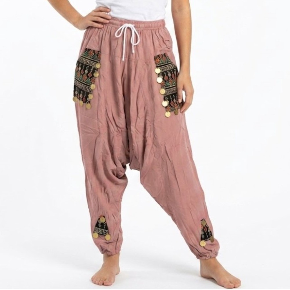 Harem Pants Womens S Mauve Boho Coin Embroidered Drop Crotch Drawstring Boho